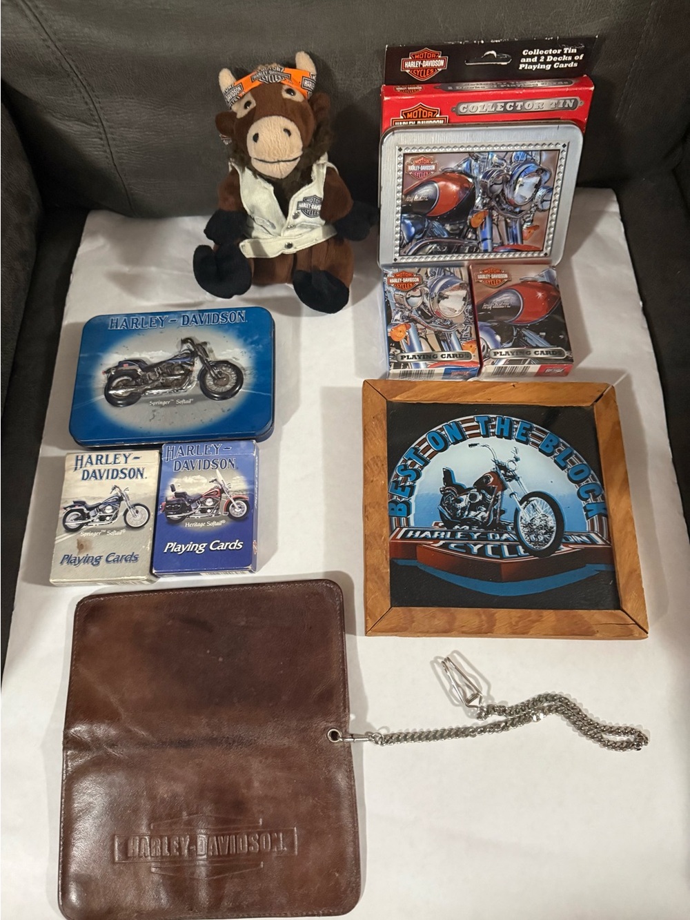 Vintage Harley Davidson Collectibles Lot Leather Wallet Playing Cards Framed Art